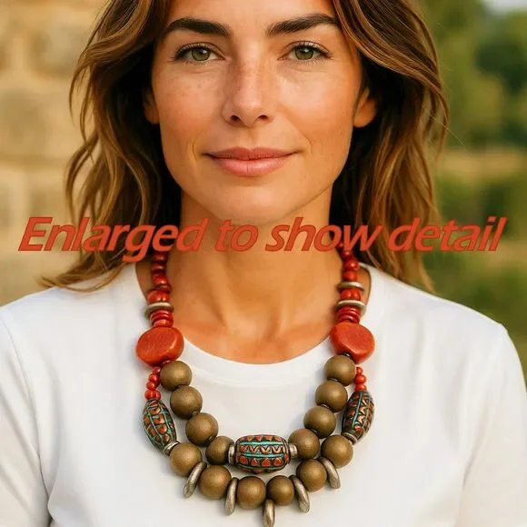 CHICOS Necklace Colorful Beaded Double Strand Tribal Red Brown Silver Vintage - Picture 2 of 11